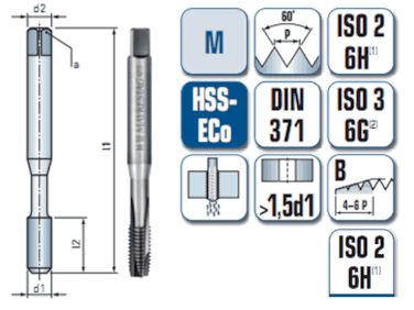 Maschinengewindebohrer gerade genutet, für metrisches ISO- Gewinde DIN 13