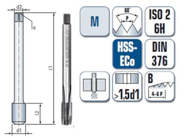 1 x HSS-ECo Maschinengewindebohrer DIN 371/376 -  M 6 Gewinde - Ø:5 mm