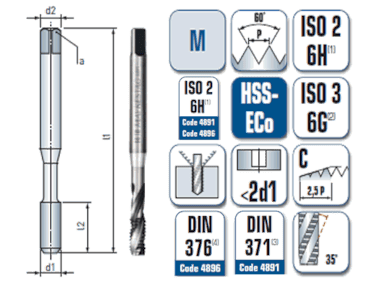 1 x HSS-ECo Maschinengewindebohrer DIN 371/376 -  M 16 Gewinde - Ø:14 mm
