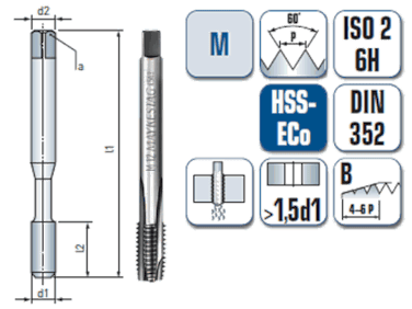 Maschinengewindebohrer, kurz, gerade genutet, für metrisches ISO Gewinde DIN 13