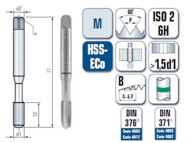 1 x HSS-ECo Maschinengewindebohrer DIN 371/376 -  M4 Gewinde - Ø:3.3 mm