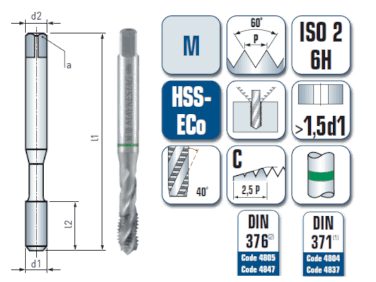1 x HSS-ECo Maschinengewindebohrer DIN 371/376 -  M 14 Gewinde - Ø:12 mm