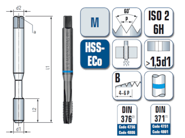 1 x HSS-ECo Maschinengewindebohrer DIN 371/376 -  M 12 Gewinde - Ø:10.2 mm
