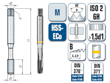 1 x HSS-ECo Maschinengewindebohrer DIN 371/376 -  M4 Gewinde - Ø:3.3 mm
