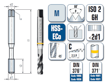 1 x HSS-ECo Maschinengewindebohrer DIN 371/376 -  M5 Gewinde - Ø:4.2 mm