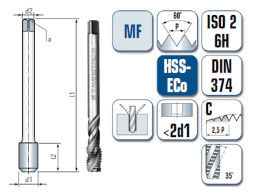 Maschinengewindebohrer, spiral-genutet, für metrisches ISO-Feingewinde DIN 13