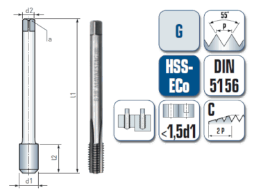 1 x HSS-ECo Maschinengewindebohrer DIN 5156 - Ø:8.8 mm