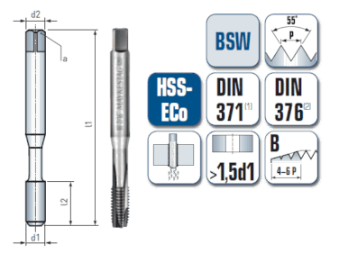 1 x HSS-ECo Maschinengewindebohrer DIN 371 / DIN 376 -  W 1/4 Gewinde - Ø:5.1 mm
