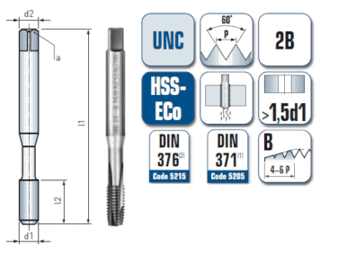 Maschinengewindebohrer, gerade genutet, für Unified Grobgewinde UNC ANSI B 1.1