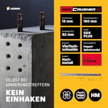 3x Bohrer SDS Plus Schaft - Ø:13 mm - GL: 160 mm