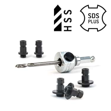 Schnellwechselaufnahme (komplett) SDS Plus-inkl. HSS Zentrierbohrer und Adapter (2x klein / 3x groß) 