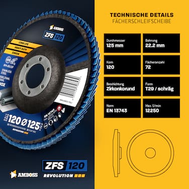 10x Amboss ZFS Fächerschleifscheibe Korn:120 Ø125mm