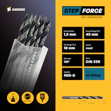 10 x  STEP Force Metallbohrer DIN 338 - Ø:1.5 mm