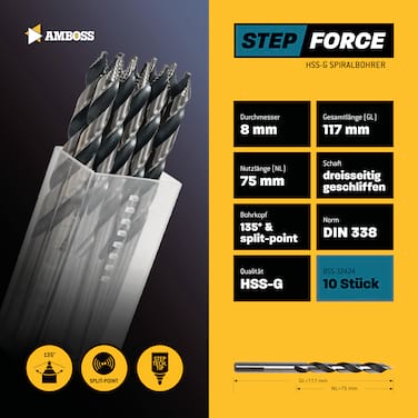 10 x HSS-G STEP Force Metallbohrer DIN 338 - Ø:8 mm