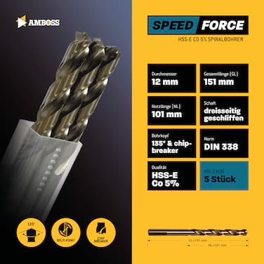5 x HSS-ECo SPEED Force Metallbohrer DIN 338 - Ø:12 mm