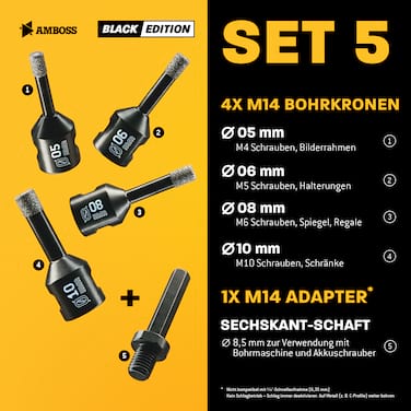 Diamant Bohrkronen Set - Amboss Black Edition 5 - Ø 5/6/8/10 5 tlg. (inkl. 8,5 mm 6kant)
