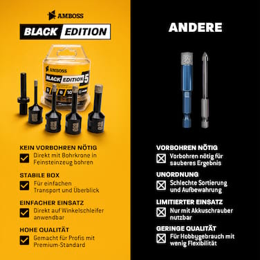Diamant Bohrkronen Set - Amboss Black Edition 5 - Ø 5/6/8/10 5 tlg. (inkl. 8,5 mm 6kant)