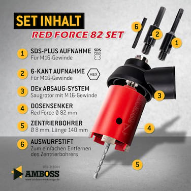 Dosensenker Red Force - 82 mm - SDS-Plus Set mit Absaugung