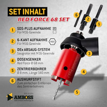 Dosensenker Red Force - 68 mm - SDS-Plus Set mit Absaugung