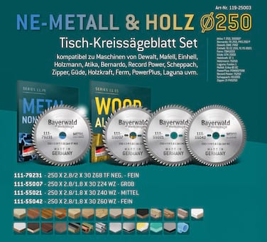 Bayerwald NE-METALL & HOLZ Ø250 Tisch-Kreissägeblatt Set