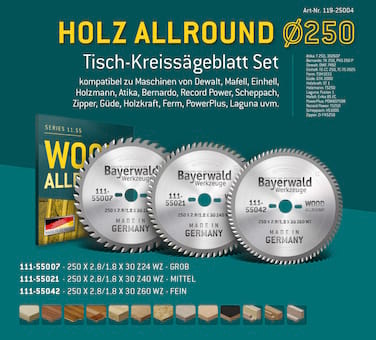Bayerwald HOLZ ALLROUND Ø250 Tisch-Kreissägeblatt Set