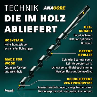 Ø 16 mm 230 mm Länge Bayerwald ANACORE HCS Schlangenbohrer