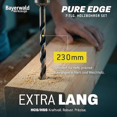 Profi Holzbohrer Set Überlänge 230 mm - 7‑tlg. 4-12 mm - Bayerwald Werkzeuge - HSS & HCS Holzspiralbohrer für präzise, ausrissfreie Bohrungen