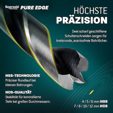 Profi Holzbohrer Set Überlänge 230 mm - 7‑tlg. 4-12 mm - Bayerwald Werkzeuge - HSS & HCS Holzspiralbohrer für präzise, ausrissfreie Bohrungen
