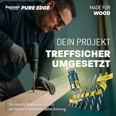 Profi Holzbohrer Set Überlänge 230 mm - 7‑tlg. 4-12 mm - Bayerwald Werkzeuge - HSS & HCS Holzspiralbohrer für präzise, ausrissfreie Bohrungen