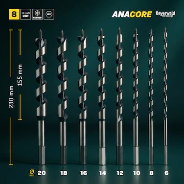 Bayerwald 8-tlg. Schlangenbohrer Set ANACORE 8 - Gesamtlänge 230 mm - Ø 6-8-10-12-14-16-18-20 mm