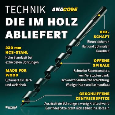 Bayerwald 8-tlg. Schlangenbohrer Set ANACORE 8 - Gesamtlänge 230 mm - Ø 6-8-10-12-14-16-18-20 mm