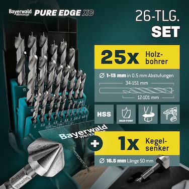 HSS Bohrer Pure Edge XC 26-tlg. Set 1-13 mm Bayerwald Werkzeuge - Xtra Clean mit Brad Point Zentrierspitze & Kegelsenker