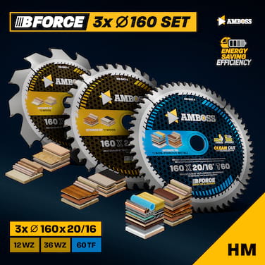 Amboss Ø160 Akku Hand- Kreissägeblatt Set passend für Bosch PKS18 Li, Bosch 18V-53, Mafell MS 55 KSP 55 F KSS 400 PSS 3100 SE MT 55 cc