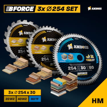 Amboss Ø254 Tisch- Kreissägeblatt Set passend für Bosch GTS 10, PTS 10, PTS 100 T, Festool TKS80, Scheppach HS105, Metabo TK250, TS254