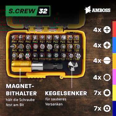 32-tlg. Amboss Werkzeuge Bitset mit Kegelsenker und Magnetbithalter