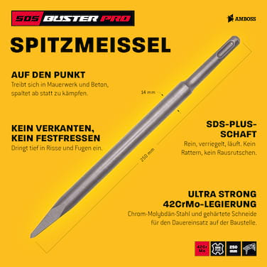 AMBOSS Profi SDS-Plus Spitzmeißel 250 mm 42CrMo - für Beton und Mauerwerk