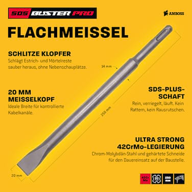 AMBOSS Profi SDS-Plus Flachmeißel 20 x 250 mm 42CrMo - für Schlitze und Kanten