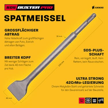 AMBOSS Profi SDS-Plus Spatmeißel 40 x 250 mm 42CrMo - für Putz Kleber und Estrich