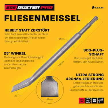 AMBOSS Profi SDS-Plus Fliesenmeißel 40 x 250 mm 25 Grad gewinkelt 42CrMo - Fliesen entfernen