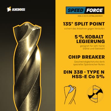 Führungsbohrer Speed_force 90mm für Standard Aufnahmen - HSS Spiralbohrer geschliffen DIN 338 Cobalt 8%