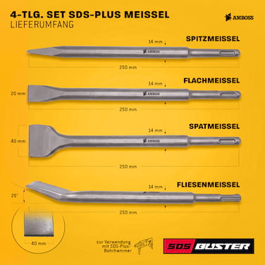 AMBOSS SDS-Plus Meißel Set 4-teilig - für Beton Fliesen Putz 250 mm