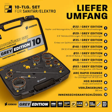 AMBOSS HM Grey Edition Rapid Change Lochsägen Set 22-83mm + Schnellwechselaufnahme + Verlängerung