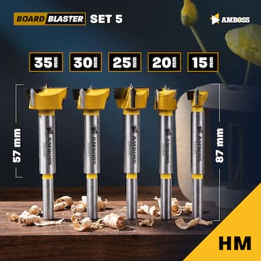 Forstnerbohrer Set 5‑tlg - Amboss Werkzeuge BOARDBLASTER Hartmetall Holzbohrer 15 / 20 / 25 / 30 / 35 mm