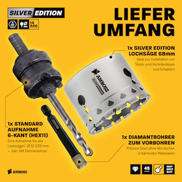 Set Silver Edition Diamant Lochsäge 68mm + Aufnahme + 7mm Diamant Bohrer