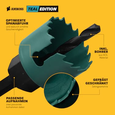 AMBOSS CS Teal Edition Lochsägen Set 11-tlg. Ø 22-58 mm - präzise Lochsäge Holz, Kunststoff & Plattenwerkstoffe