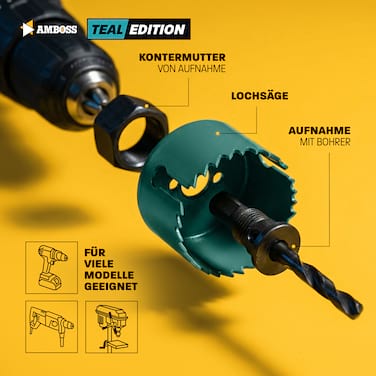 AMBOSS CS Teal Edition Lochsägen Set 11-tlg. Ø 22-58 mm - präzise Lochsäge Holz, Kunststoff & Plattenwerkstoffe