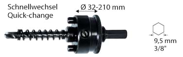 6-Kant Aufnahme 9,5mm - für Ø 32 bis 210mm - inkl. Auswurffeder und HSS Zentrierbohrer