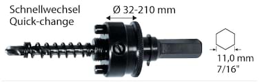 6-Kant Aufnahme 11mm - für Ø 32 bis 210mm - inkl. Auswurffeder und HSS Zentrierbohrer