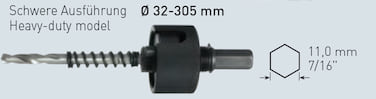 6-Kant Aufnahme 11mm - für Ø 32 bis 305mm - schwere Ausführung - inkl. Auswurffeder und HSS Zentrierbohrer