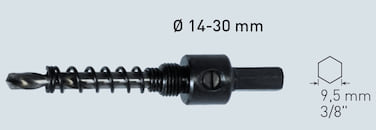 6-Kant Aufnahme 9,5mm - für Ø 14 bis 30mm - inkl. Auswurffeder und HM Zentrierbohrer